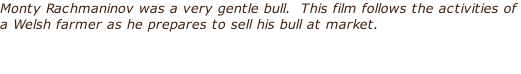 Monty Rachmaninov was a very gentle bull.  This film follows the activities of a Welsh farmer as he prepares to sell his bull at market.